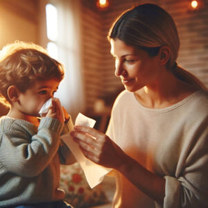 parent or teacher gently teaching a young child how to blow their nose using a soft tissue