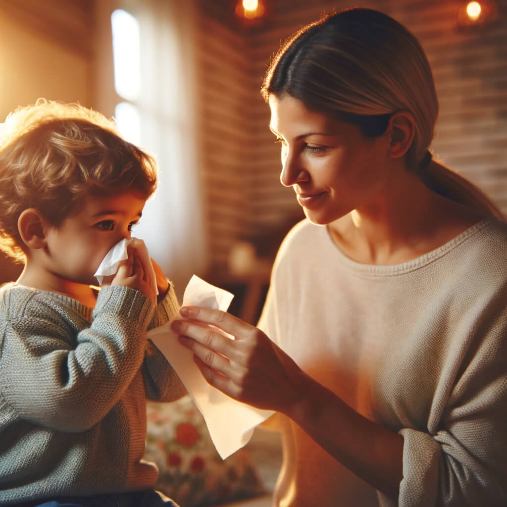parent or teacher gently teaching a young child how to blow their nose using a soft tissue