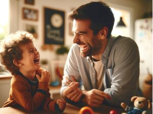 lighthearted moment of playful teasing between a parent and child
