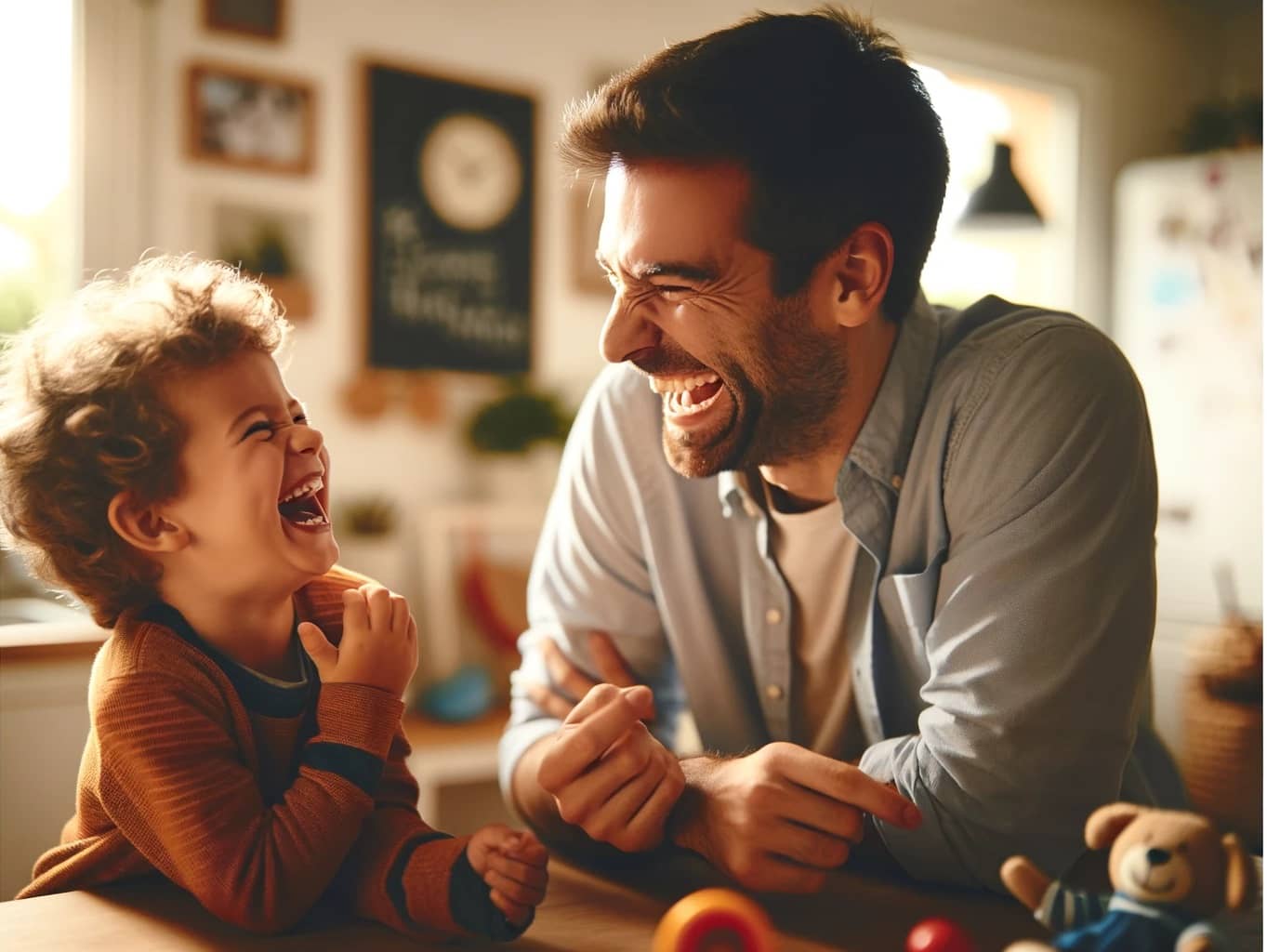 lighthearted moment of playful teasing between a parent and child
